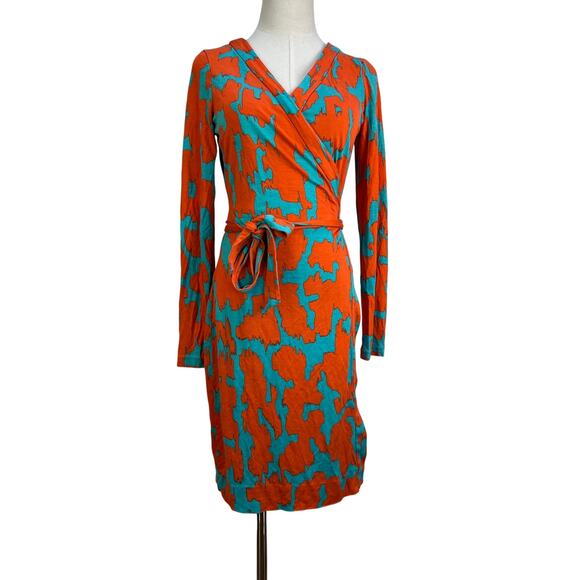 Diane Von Furstenburg Printed Wrap Silk Dress Orange Teal